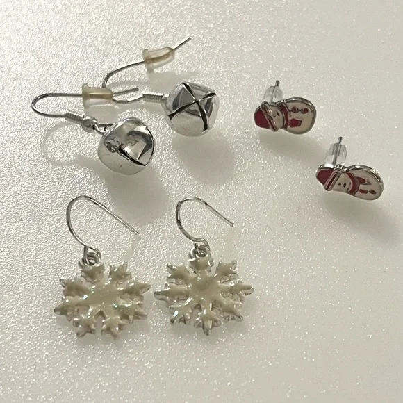 Three Sets of Christmas Earrings Snowmen, Snowflakes, & Jingle Bells Silver Tone - Picture 13 of 13